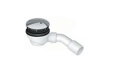 A white shower drain with a silver grate and a curved white pipe.