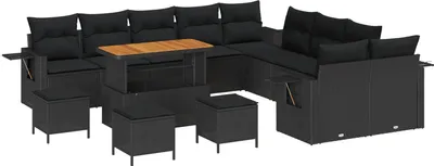 Produktbild von Modulares Gartensofa-Set, 14-teilig, Schwarz, UV-beständiges Poly-Rattan & Akazienholz, pulverbeschichteter Stahl, 13 Sitzplätze, abnehmbare Kissen