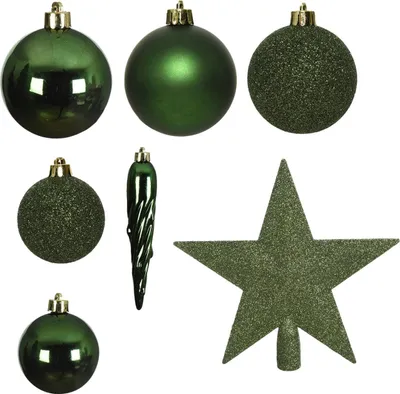 Produktbild von Decoris Weihnachtskugeln mit Christbaumspitze Stern, 33er Set, bruchsicher, piniengrün