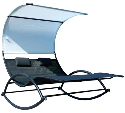 Produktbild von ALEOS. Doppel Schaukelliege Sonnenliege aus atmungsaktivem Kunststoffgewebe mit Kopfpolster und Dach ergonomisch geschwungen Modell: IOS