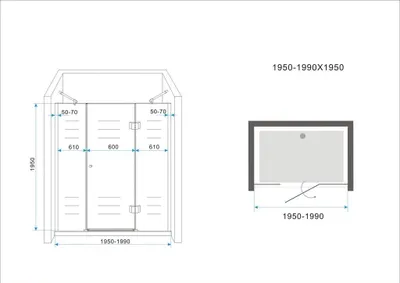 Technical drawings and dimensions of a shower enclosure.
