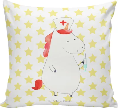 Produktbild von Mr. & Mrs. Panda Sofakissen Einhorn Krankenschwester - Weiß - Geschenk, Kuschel Kissen, Polster, Krankenhaus, Unicorn, Kuschelkissen, Ärztin, 40x40, wohnzimmer