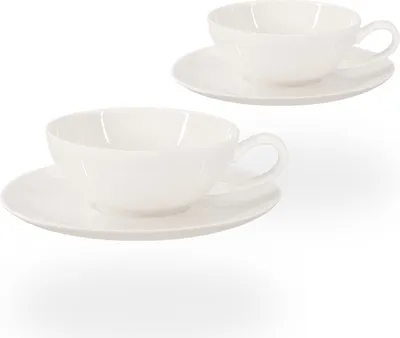 Produktbild von Buchensee Teetassen Porzellan / Teetassen Set Lena mit rundem Unterteller, 2 Tassen je 200ml, weiß, Crystal Bone China