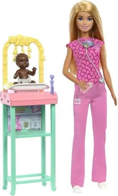 Zdjęcie produktu dla Lalka Barbie Pediatra Zestaw, Blond Poupée i Dziecko, Różowy Kombinezon, 3 lata+