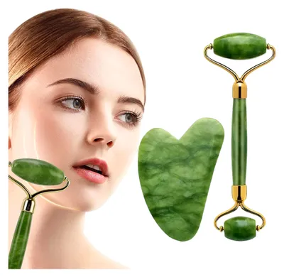 Produktbild von 2 Stück Jade Gua Sha Gesichtsmassageroller, Anti-Aging Roller für Hals und Wangen