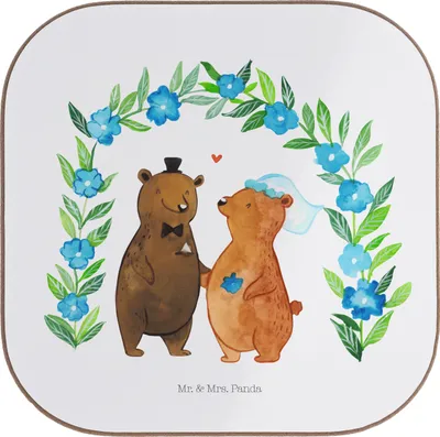 Produktbild von Mr. & Mrs. Panda Tischuntersetzer Bären Hochzeit - Weiß - Geschenk, Getränkeuntersetzer, Untersetzer Gläser, Hochzeitstag, Hochzeitskarte, Tasse, Zur, Hochzeitsgeschenk