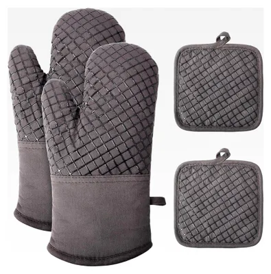 Produktbild von Ofenhandschuhe und Topflappen 4er Set – Hitzebeständige und rutschfeste Kochhandschuhe aus weicher Baumwolle, lange flexible Silikonhandschuhe zum Kochen