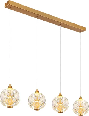 Produktbild von Globo Lighting Hängeleuchte Metall goldfarben, K9 Kristalle klar, Kabel PVC transparent, Höhe kürzbar, LxBxH: 930x150x1500mm, inkl. LED 32W 230V, 3600lm Source, 2400lm Output, 3000K