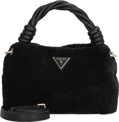 A black fuzzy Guess handbag with a twisted handle and a silver Guess logo.