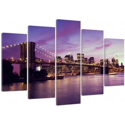 Produktbild von 5-teiliges leinwandbild manhattan bei sonnenuntergang 100x70 cm Feeby lila wandbild bereit zum aufhängen