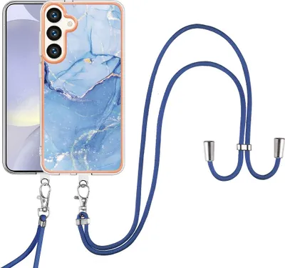 Immagine prodotto di Custodia con cinturino per Samsung Galaxy S25 bumper in TPU a fantasia, custodia protettiva con cinturino regolabile blu