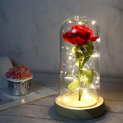 Kunstrose in Glaskuppel mit LED-Lichtband, rot, 21,5 cm