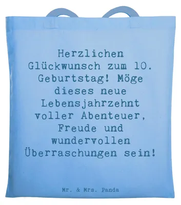 Produktbild von Mr. & Mrs. Panda Schultasche Spruch 10. Geburtstag - Sky Blue - Geschenk, totebag, Tasche, Jutebeutel, Geburtstagsgeschenk, neues Lebensjahrzehnt, Meilenstein, Beutel