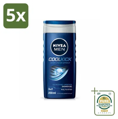 Obrázok produktu pre 5 kusov gélu na sprchovanie NIVEA MEN Cool Kick – 250 ml – balenie