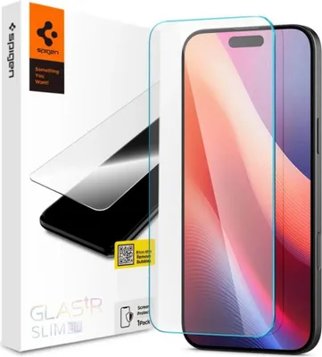 A product shot of a Spigen screen protector packaging and the screen protector itself, with a smartphone partially visible.