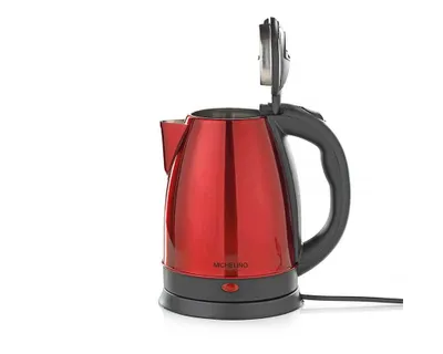A red electric kettle with its lid open, shown on a white background.