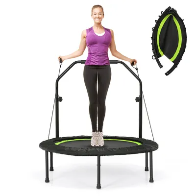 Produktbild von COSTWAY φ101cm Fitmess Trampolin, Mini Trampolin mit höhenverstellbarm Haltegriff & 2 Widerstandsbändern, Kindertrampolin, Gartentrampolin, Grün