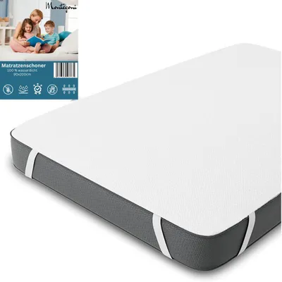 A mattress protector is shown on a mattress, with a small inset image of a family reading.