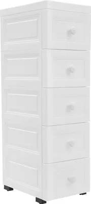Image de Meuble de rangement sur roulettes avec tiroirs - Armoire de rangement étroite - 5 tiroirs - 25 x 34 x 82 cm - Plastique PP étanche - Pour salle de bain, salon, cuisine - Blanc