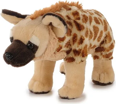 A plush toy hyena is shown standing on a white background.