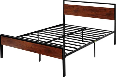 Produktbild von SucceBuy Metallplattform-Bettrahmen (Queen Size) mit Kopf- und Fußteil aus braunem Holz im Retro-Design, großzügiger Stauraum unter dem Bett, rutschfest und ohne Boxspring nutzbar