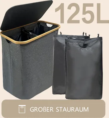 Obrázek produktu pro WAOHO Skládací koš na prádlo s víkem 125L se 2 přihrádkami 54cmx33cm, úložný prostor do koupelny, úložný koš, hračky, ručníky（šedá）