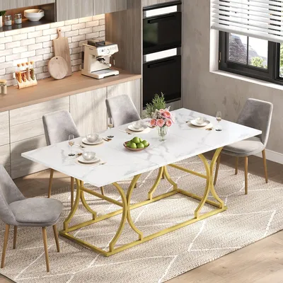Productafbeelding van Eettafel, 200x80 cm, geschikt voor 8-10 personen, met een marmerlook, waterbestendig, met gouden metalen poten en verstelbare glijders.