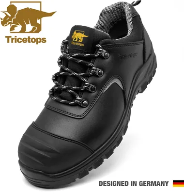 A black work shoe with laces, shown from a slightly angled front view against a white background. The brand logo and text are visible.