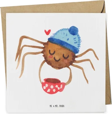 Produktbild von Mr. & Mrs. Panda Grußkarte Spinne Agathe Kaffee - Weiß - Geschenk, Morgen, Klappkarte, Glückwunschkarte, anlasskarte, faltkarte, Weiser Spruch, Morgenmuffel, doppelkarte