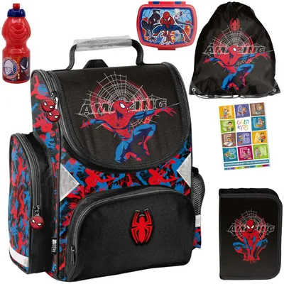 Produktbild von Schulranzen für Jungen und Mädchen, 6er-Set - Schul-Rucksack für Kinder mit Federmäppchen - Schuhbeutel Trinkflasche und Brotdose- Spiderman