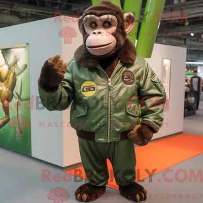 Produktbild von Maskottchen REDBROKOLY eines grünen Schimpansen mit Bomberjacke und Krawatte