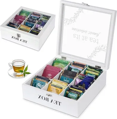 Produktbild von Famanu Teekiste mit 9 Fächern - Weiße Holzbox mit Glasdeckel