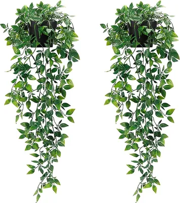 Produktbild von Künstliche Hängepflanzen mit Töpfen, 2 Stück Künstliche Pflanzen mit Töpfen, Kunstpflanze Hängend, Topfpflanze Künstlich, Kunstpflanzen wie Echt, Fake Plant für Büro, Garten, Party, Wanddekoration