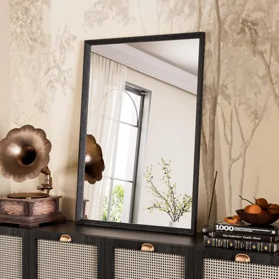 Immagine prodotto di Specchio da bagno 50x70 cm, rettangolare, con cornice nera effetto legno, vetro di sicurezza, resistente all'acqua