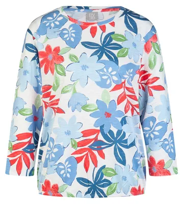 Produktbild von Rabe Damen T-Shirt Hellblau Größe 44 mit Blütenmuster, Rundhalsausschnitt und 3/4-Ärmeln