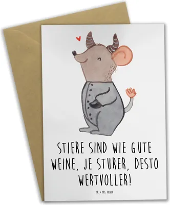 Produktbild von Mr. & Mrs. Panda Grußkarte Sturer Stier - Weiß - Geschenk, osterkarten, Weinmetapher, Tierkreiszeichen, osterkarte, Humor, Geduld, glückwunschkarten, hochzeitskarten