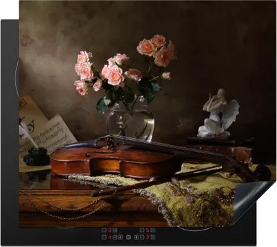 Produktbild von KitchenYeah© Herdabdeckplatte Violine - Rosen - Rosa - Blumen - Stilleben , 59x52cm, Küche Deko, Glaskeramikkochfeld Herdabdeckung, Abdeckplatte fùr Kochfeld