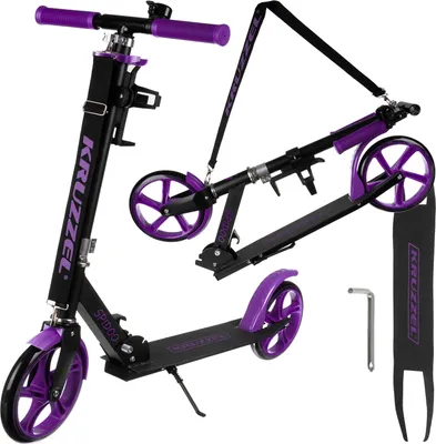 A black and purple KRUZZEL scooter is shown in two configurations, one assembled and one folded, along with accessories.