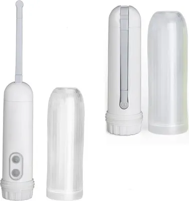 Two white portable bidets with clear plastic caps are displayed against a white background.