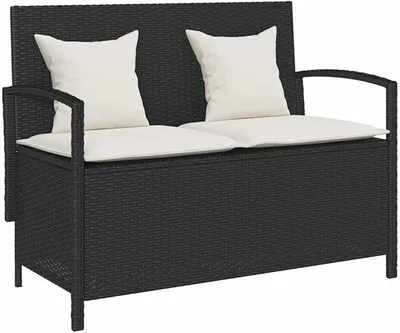 Produktbild von Gartenbank mit Stauraum und Kissen Schwarz Poly Rattan Sitzbank Truhenbank für Garten und Terrasse mit Gasdruckfeder und Innentasche 111 x 56 x 87 cm