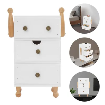 A collage of images showing a white 3-tier storage cabinet with wooden accents, designed to look like a robot. The main image shows the cabinet front-on, while smaller inset images show it in different room settings and with drawers open.