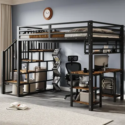 A loft bed with a desk and storage shelves in a room.