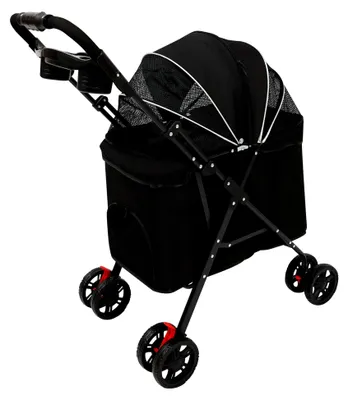 Produktbild von Haustierwagen für Hunde und Katzen, Schwarz, Kohlenstoffstahl und Oxford-Gewebe, Faltbar, 360° drehbare Räder, bis 12,5 kg, 62x50x98 cm