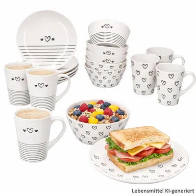 Obrázek produktu pro Cupid 18dílná snídaňová sada – porcelánový hrnek, talíř, miska, srdce, pruhy