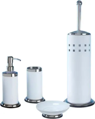 Produktbild von 4tlg Set Bad Accessoires WC Bürste Seifenspender Zahnputzbecher Seifenschale Nele Weiß