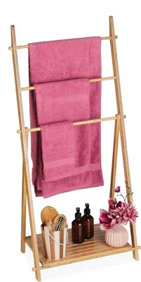 Immagine prodotto di Portasciugamani con ripiano - 3 barre - Porta asciugamani - 110 x 53 x 31,5 cm - Portaoggetti da bagno - Bambù - Naturale
