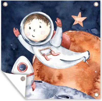 Produktbild von MuchoWow® 100x100 cm Outdoor-Poster Gartendeko Sichtschutz Garten Poster für den Garten  Weltraum - Mond - Rakete - Jungen - Mädchen - Kinder