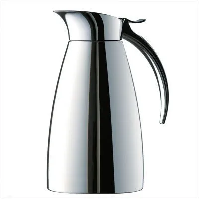 A studio shot of a silver insulated carafe on a white background.