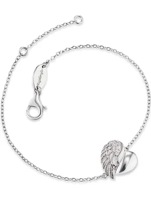 A silver bracelet with a heart and wing charm.
