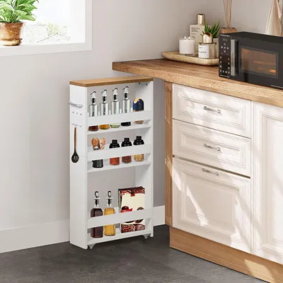 Obrázek produktu pro Kuchyňský vozík – Servírovací vozík na kolečkách – Úložný vozík se 4 policemi – Police do koupelny z dřeva – Úsporný design – 47,5 x 13 x 80,5 cm